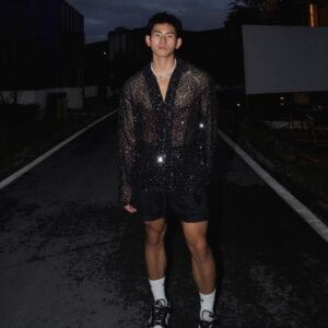Silver Paillette Hollow-out Long-sleeved Shirt For Men
