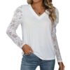 See-through Lace Stitching Long Sleeve V-neck White Shirt