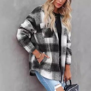 c0c613b2-b76c-4921-8e80-a980a1cd55d1.jpg Women's Plaid Buckle Jacket Casual Fashion Long Sleeve Coat